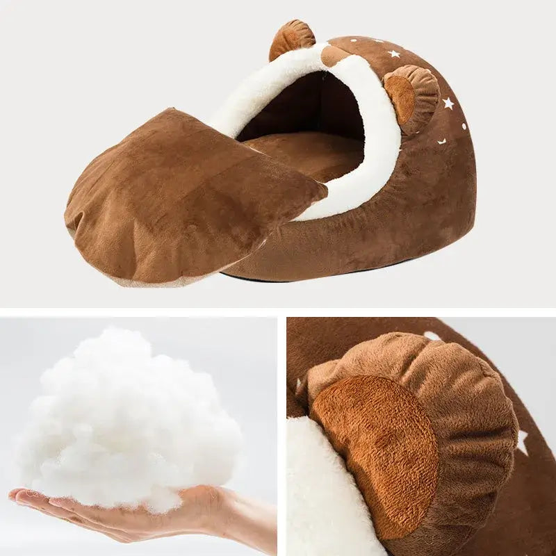 Cozy foldable pet house with bear ears, soft plush interior, and removable cover for small dogs and cats.
