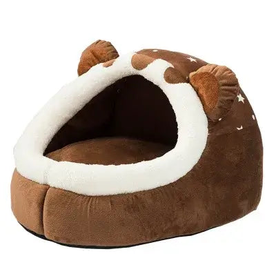 Cozy brown foldable pet house with bear ears, perfect resting space for small dogs and cats.