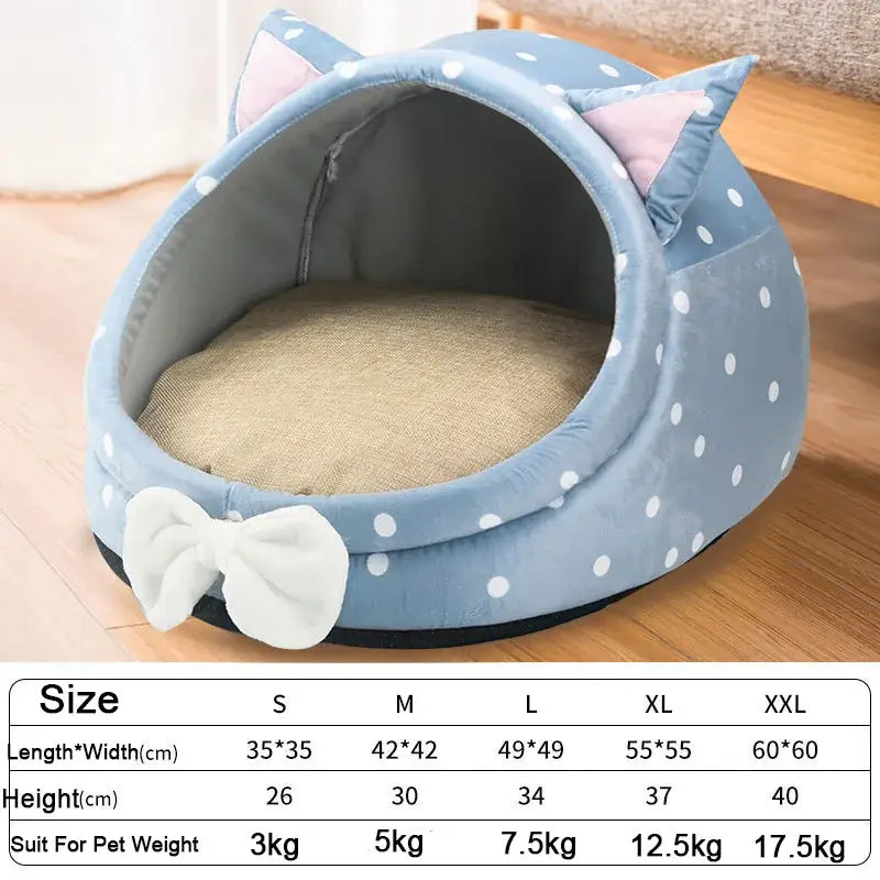 Foldable pet house in blue with ears and polka dots, featuring size chart for small to extra large pets.