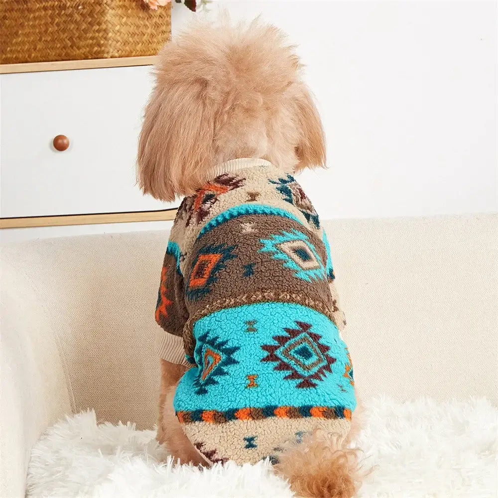 Cozy warm fleece pullover for small dogs in colorful tribal pattern, perfect for Chihuahuas and Schnauzers.