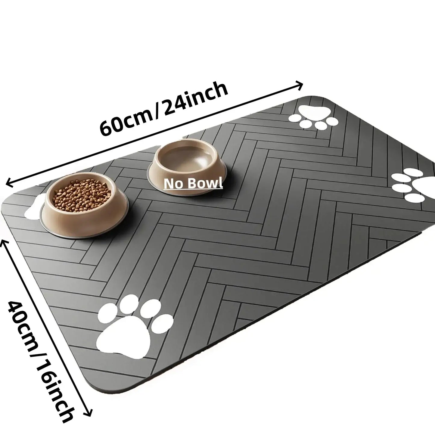 Absorbent pet feeding mat with waterproof backing and paw print design, measures 60cm by 40cm, with bowls for food and water.