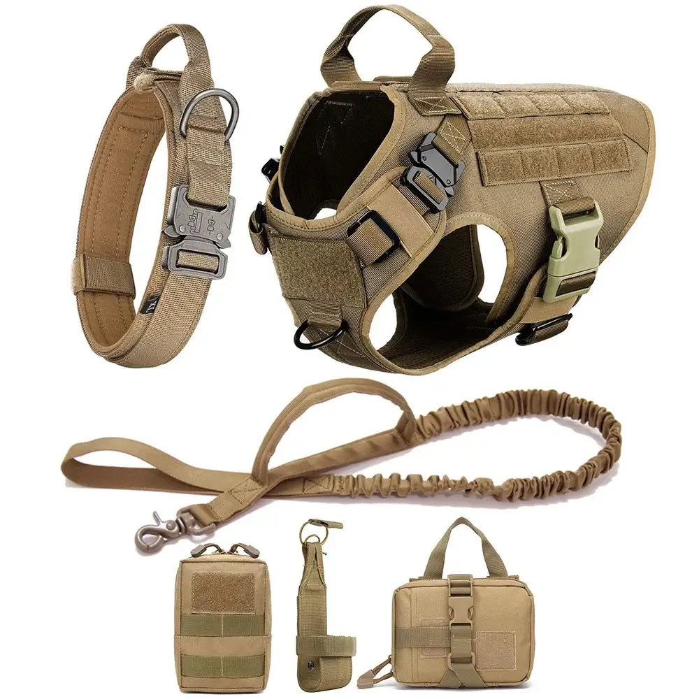 Durable tan dog harness and collar set with detachable pouches and leash for German shepherds, offering complete coverage and maximum flexibility.