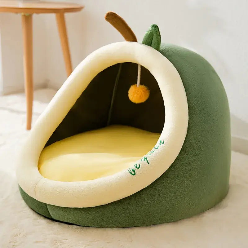 Cozy green foldable pet house with a yellow interior, perfect for small dogs and cats to relax in.