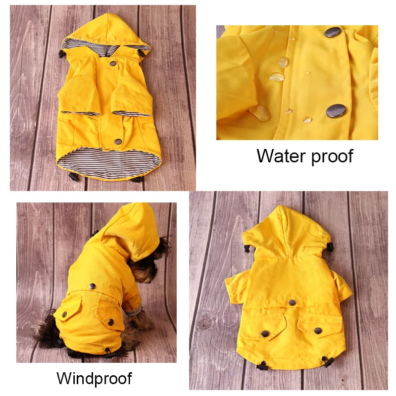 Yellow waterproof and windproof dog raincoat for large dogs with hood and buttons.