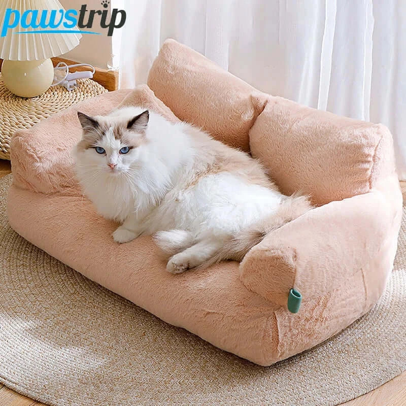 Plush luxury cat bed sofa with a comfortable white cat resting on it, perfect for cozy pet relaxation.