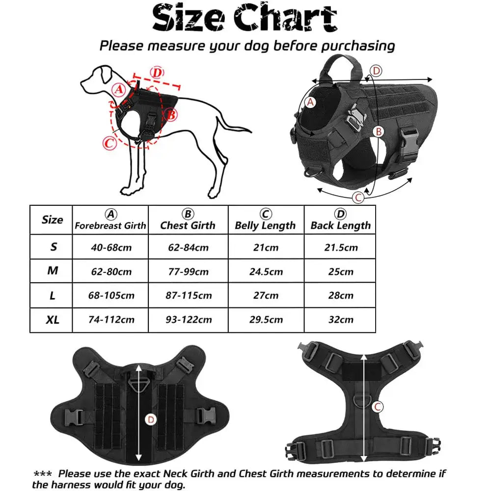 Dog harness size chart with measurement guide for S, M, L, XL sizes, featuring forebreast girth, chest girth, belly length, and back length.
