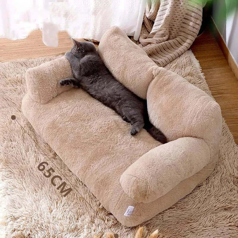 Luxury cat bed sofa in beige with a cat lounging, featuring plush materials for ultimate comfort and relaxation.