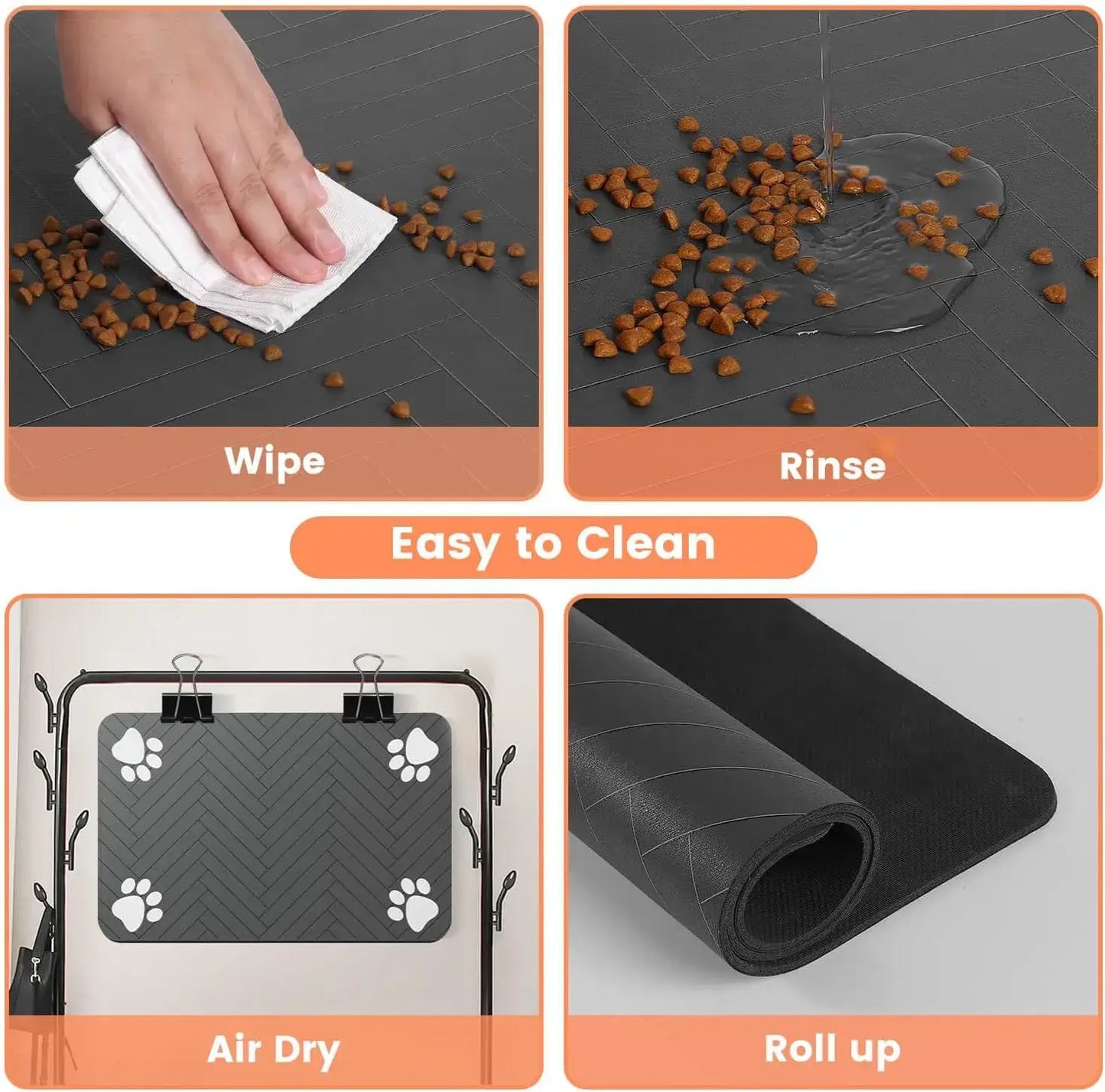 "Easy to clean pet feeding mat with wipe, rinse, air dry, and roll up features for hassle-free maintenance and use."