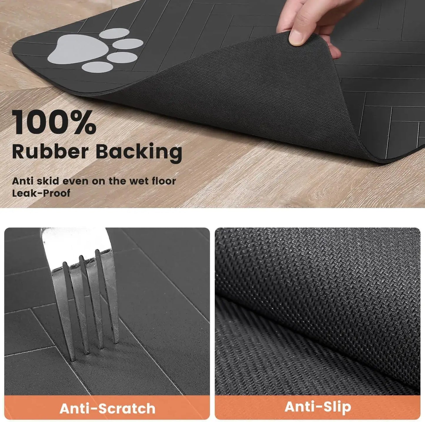 Absorbent pet feeding mat with waterproof rubber backing, anti-scratch and anti-slip features. Ideal for secure pet bowl placement.
