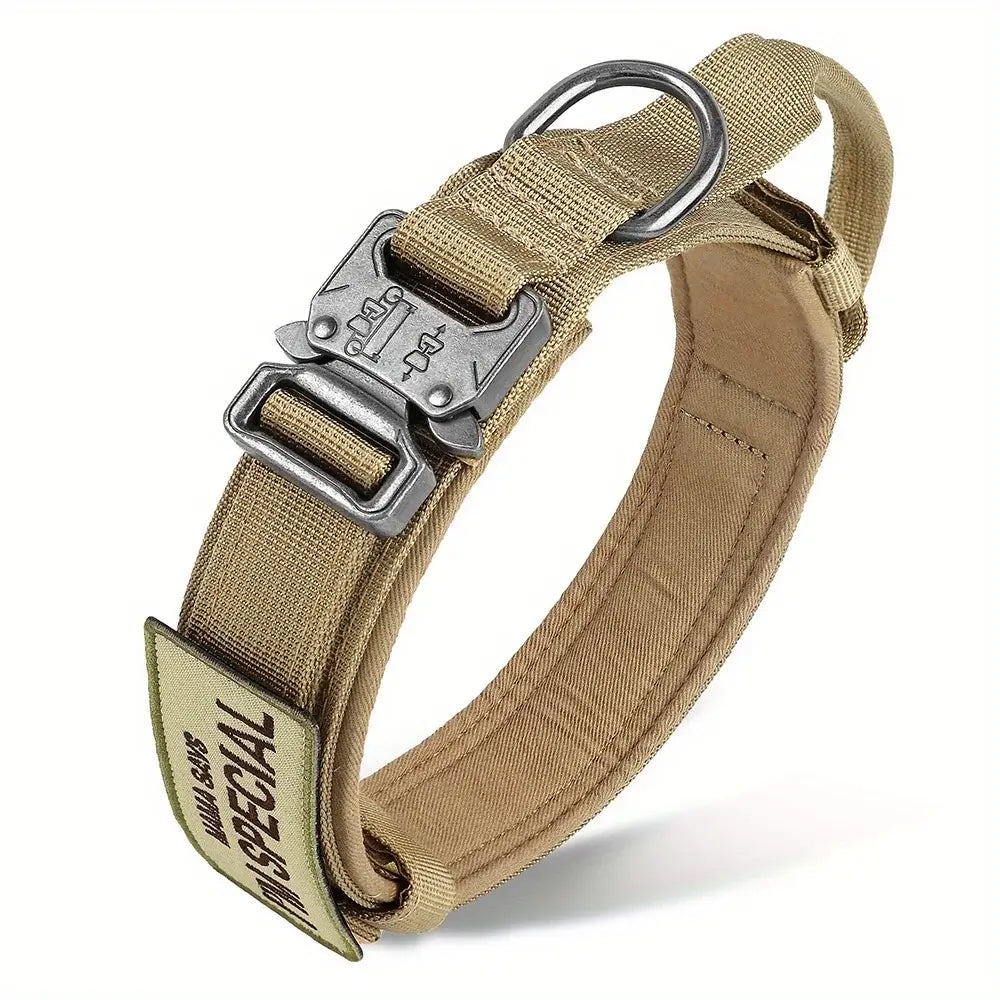 Heavy duty tactical dog collar with metal buckle, quick-release, and padded lining for comfort and durability.