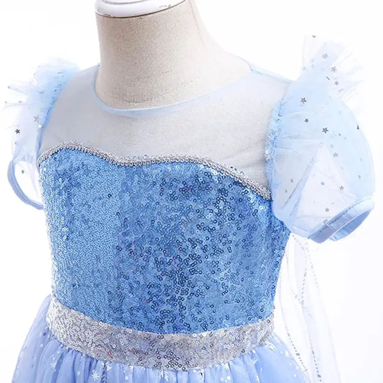 Disney Elsa costume for kids featuring shimmering blue sequins and tulle sleeves, perfect for dress-up and parties.