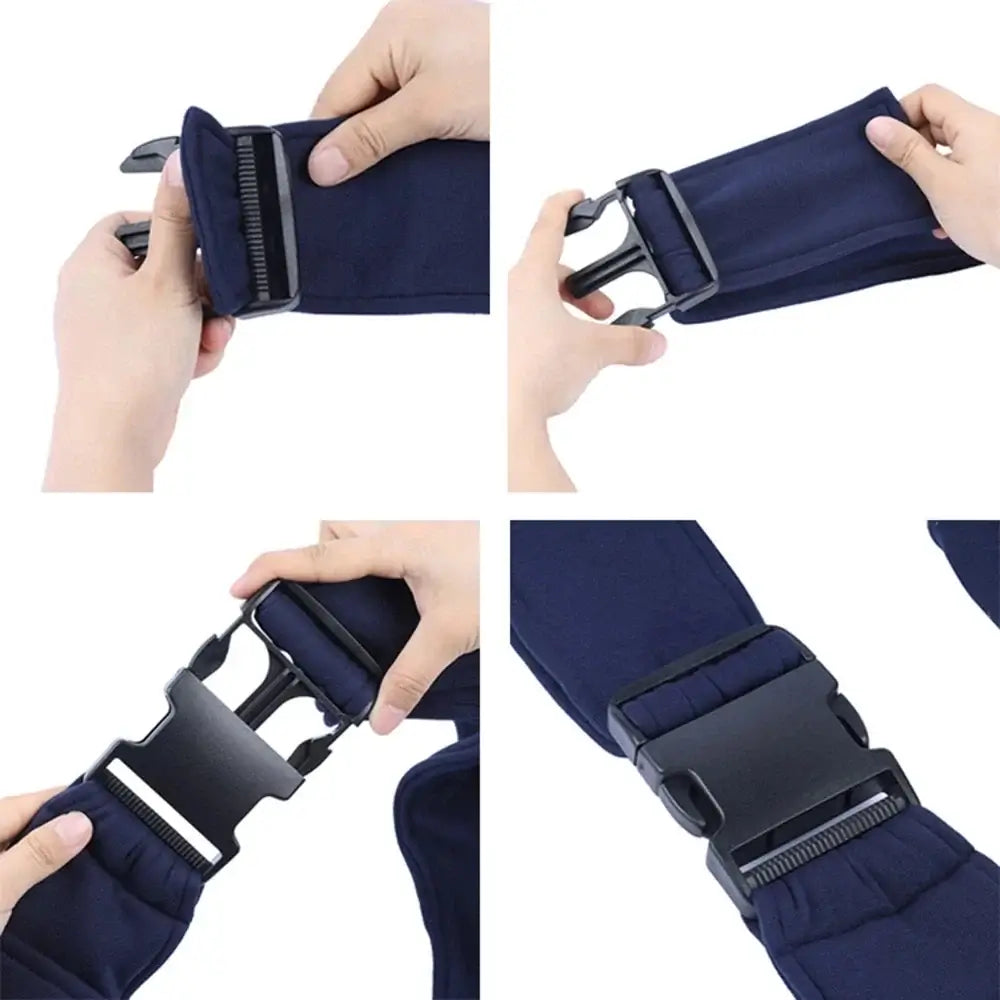 Close-up of adjustable buckle features on a blue pet carrier sling for secure and comfortable fit