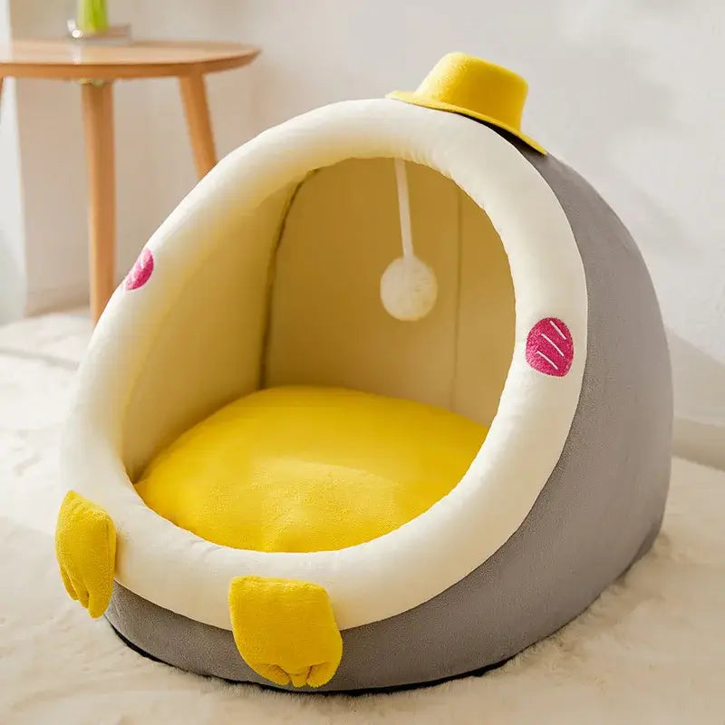 Cozy foldable pet house for small dogs and cats, featuring playful design and soft, comfortable interior.