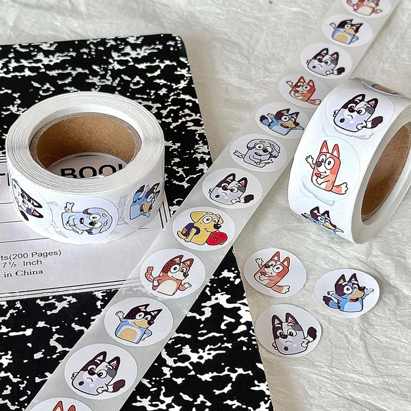 Bluey Bingo Dog Sticker roll with colorful cartoon designs perfect for kids' crafts and decorations. 500 pcs, 2.5 cm circles.