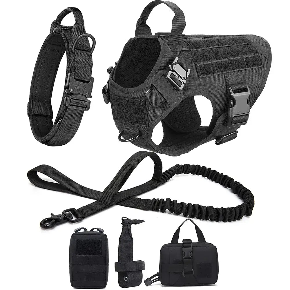 Complete black dog harness for German shepherd with adjustable collar, leash, and versatile pouches for maximum flexibility and coverage