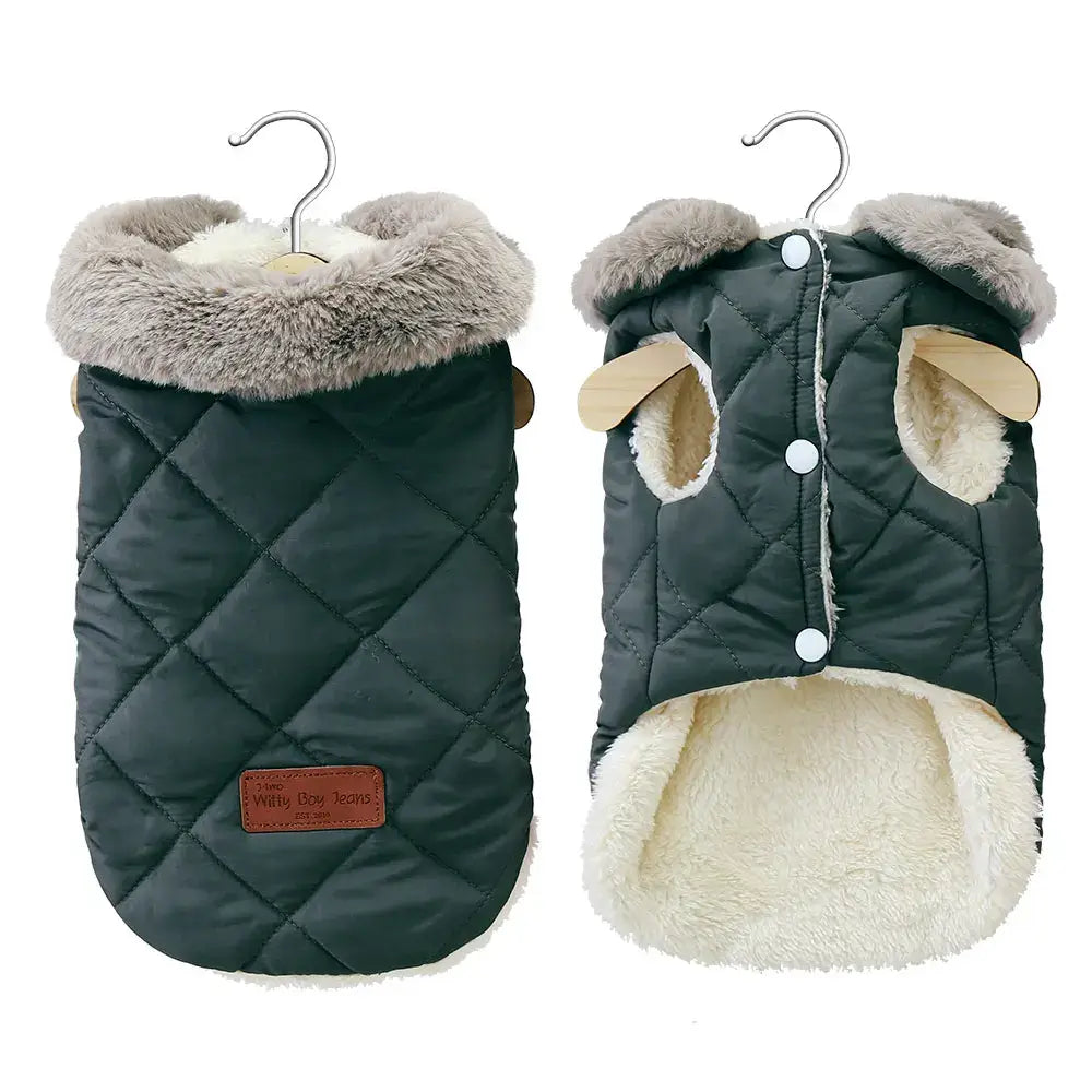 Quilted little dog coat with plush fur collar and buttons, providing warmth and elegance for small breeds