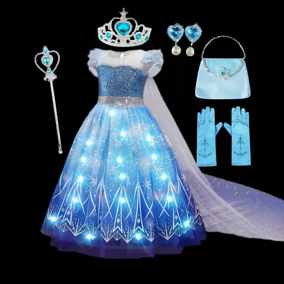 Disney Elsa costume set for kids with dress, crown, wand, gloves, earrings, and handbag. Perfect for Frozen-themed dress-up.