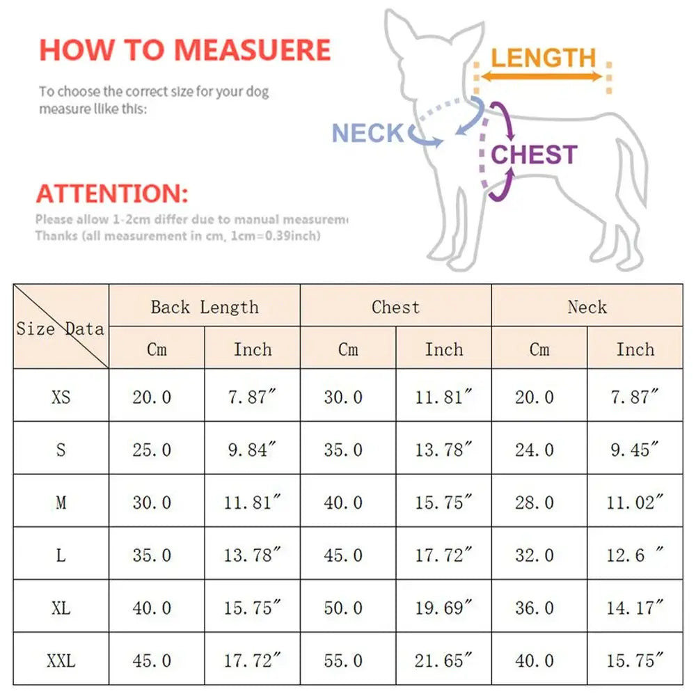 Size measurement chart for small dog fleece pullovers, showing length, chest, and neck dimensions.