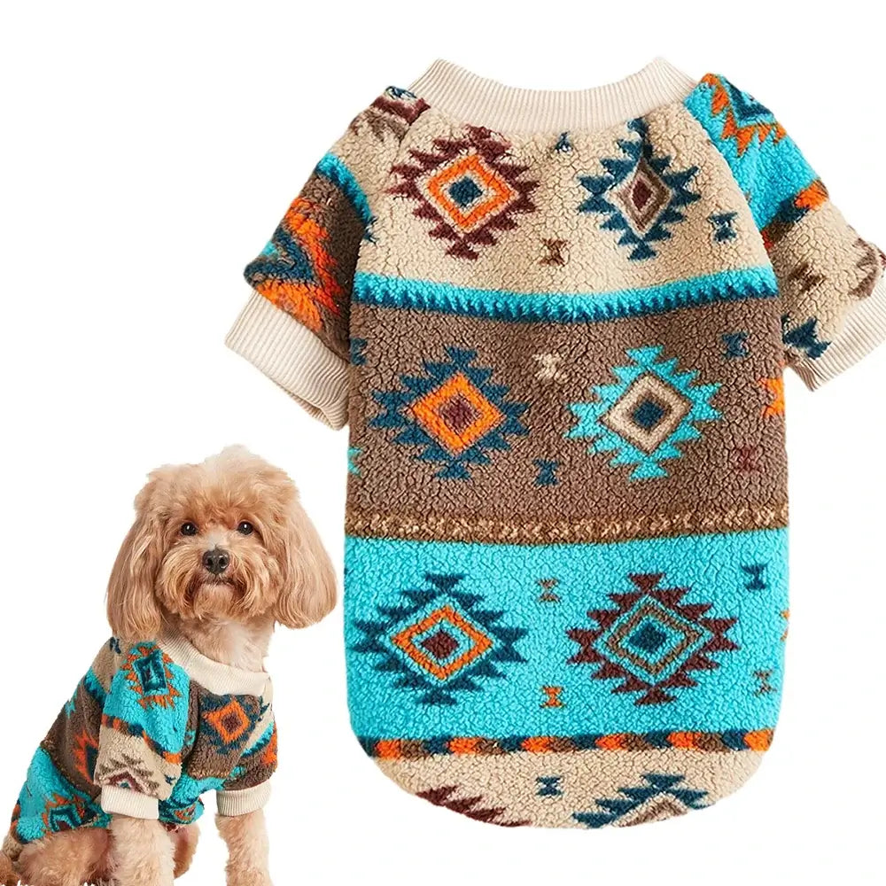 Warm fleece pullover for small dogs featuring a colorful tribal design, perfect for Chihuahuas and Schnauzers.