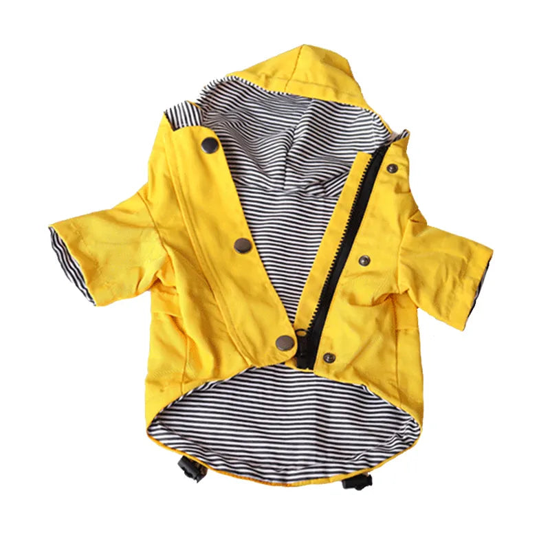 Yellow large dog waterproof raincoat with striped lining and buttons perfect for keeping pets warm and dry.