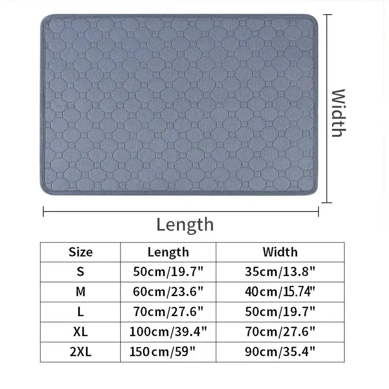"Dog cooling mat in various sizes with measurements chart, showcasing quilted design and waterproof polyester exterior."