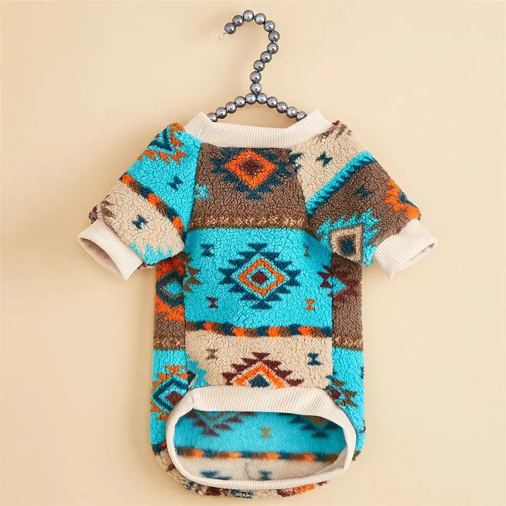 Colorful fleece pullover for small dogs in tribal pattern, ideal for Chihuahuas and Schnauzers.