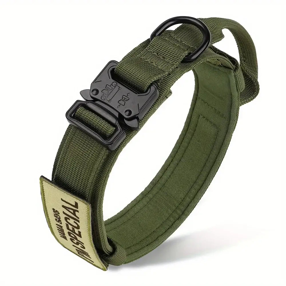 Heavy duty tactical dog collar in olive green with quick-release buckle and padded lining for comfort and durability.