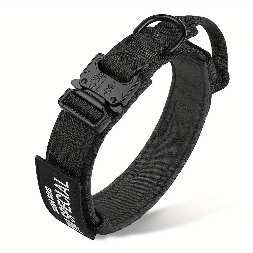 Heavy duty tactical dog collar with quick-release buckle and padded lining for comfort and security.