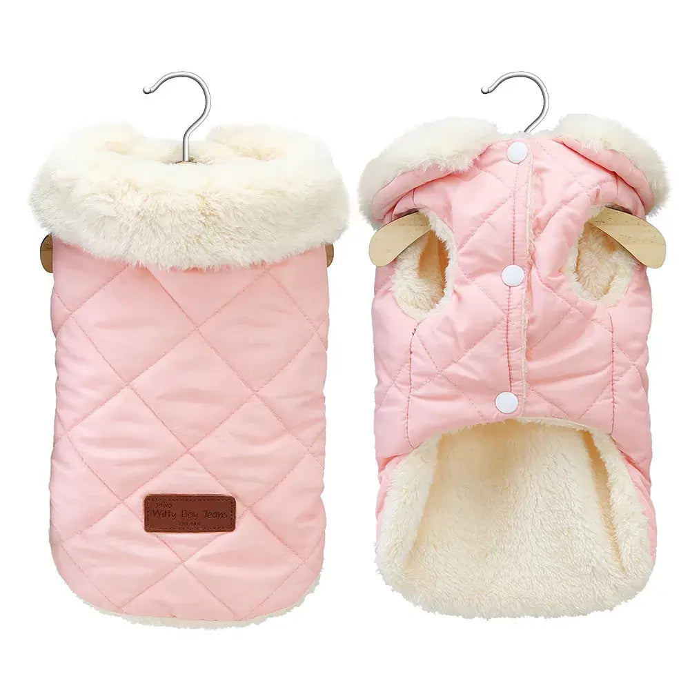 Pink quilted little dog coat with fur collar, designed for small breeds, front and back view on hangers.