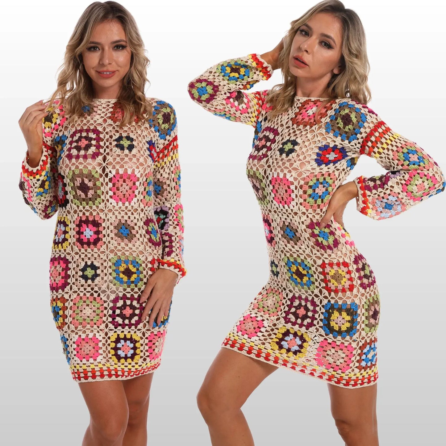 Stylish Handmade Boho Crochet Dress in colorful granny square pattern, perfect for beach weddings and summer outings.