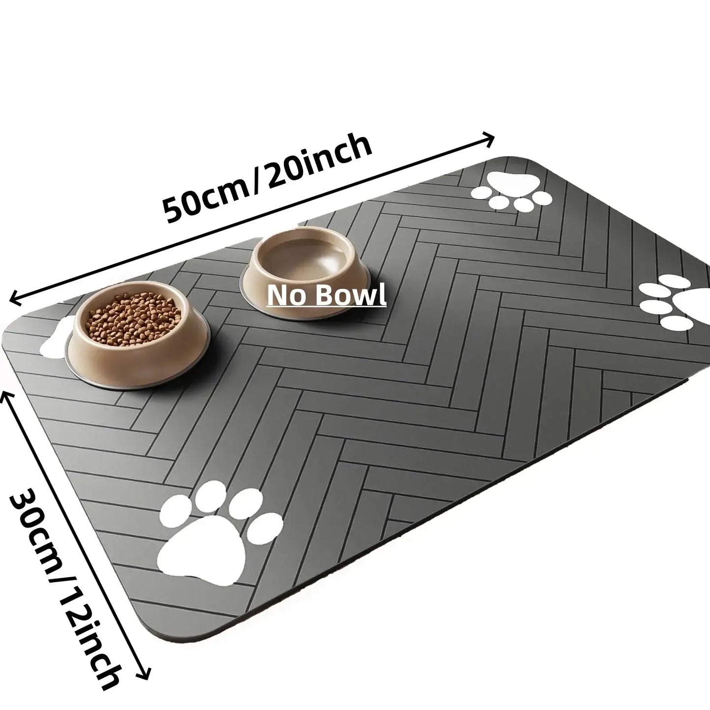Absorbent pet feeding mat with paw prints, holding bowls on non-slip surface, size 30cm x 50cm, ideal for clean pet meal times.