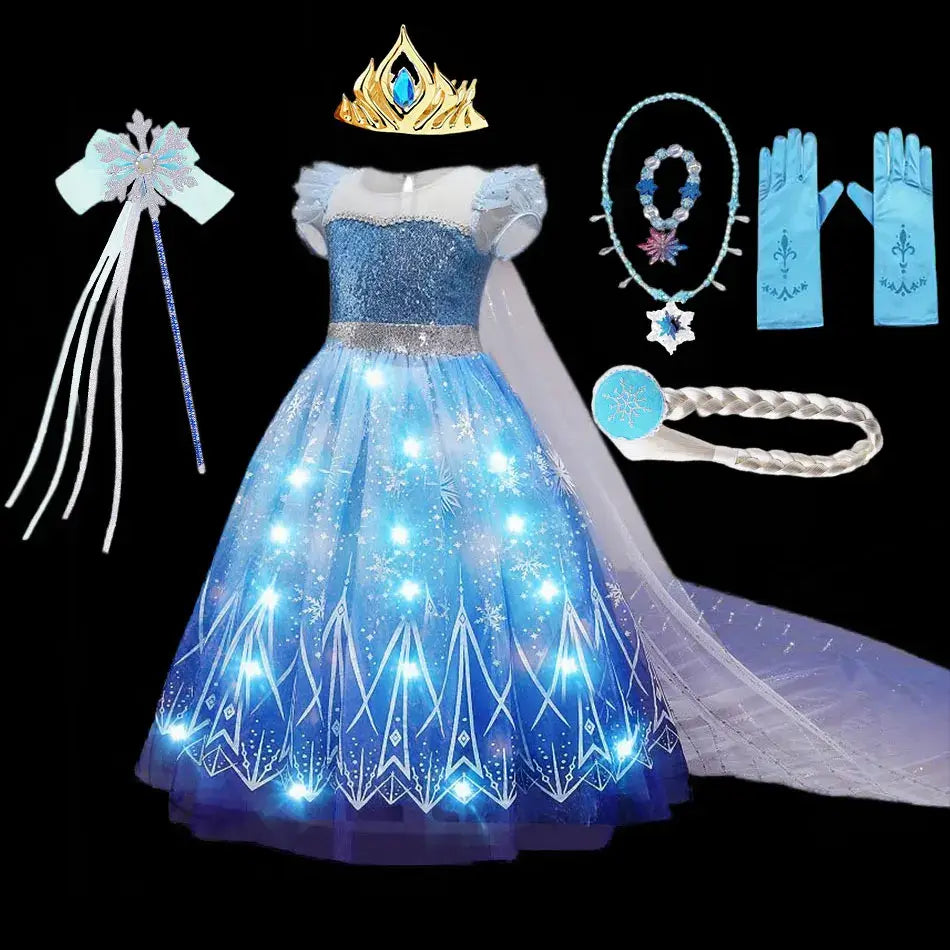 Disney Elsa costume for kids with lights, cape, crown, wand, and accessories for dress-up and themed parties.
