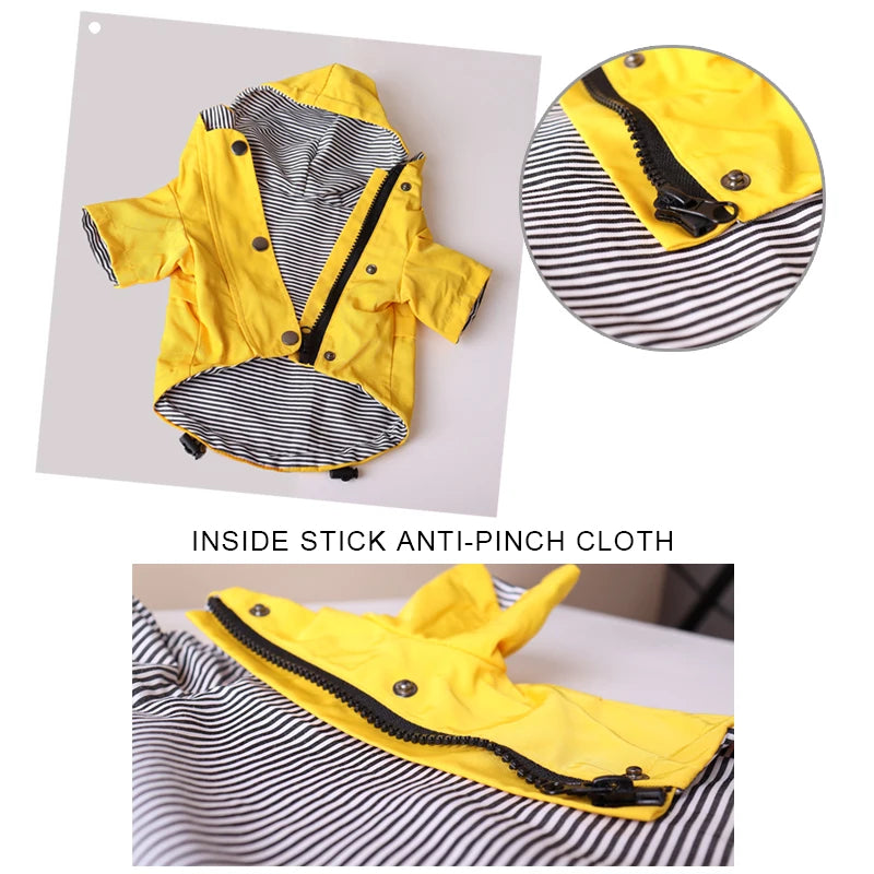 Yellow waterproof raincoat for dogs with anti-pinch zipper and striped inner lining.