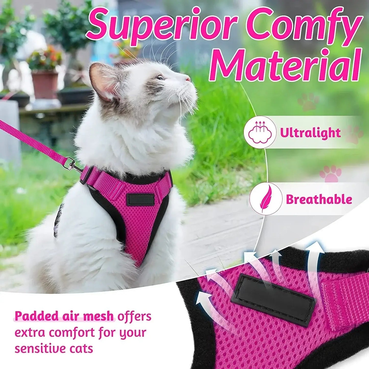 Cat wearing a pink breathable and lightweight harness with leash, featuring superior ultralight material for comfortable outdoor activities.