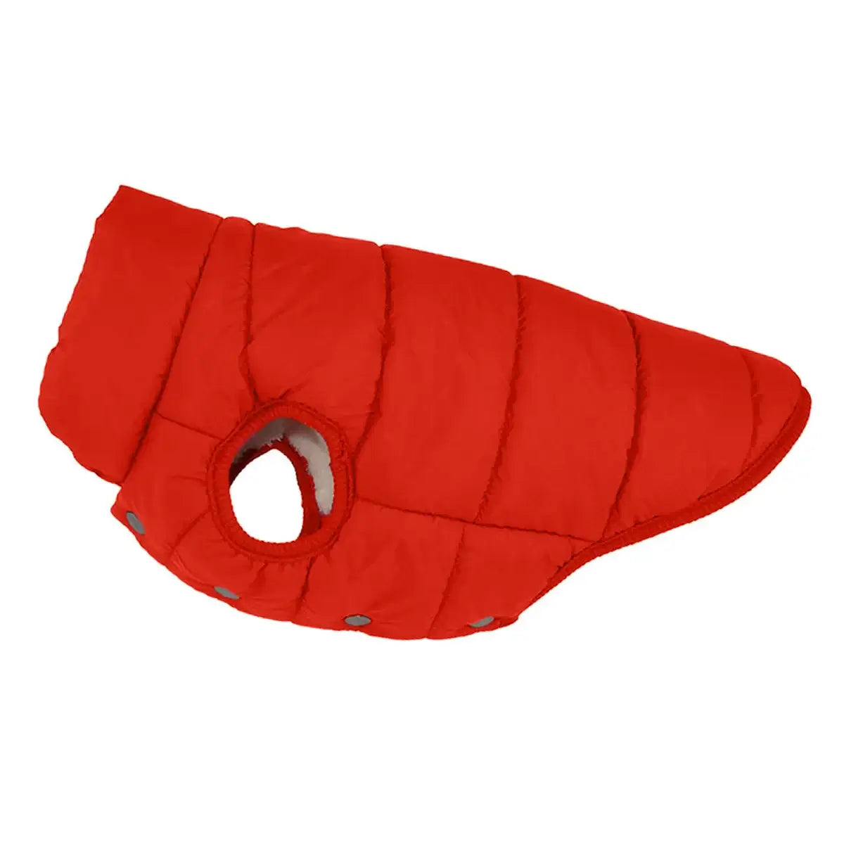 Vibrant red fleece dog coat with button closure for winter warmth, side view.