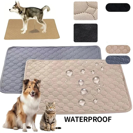 Dog cooling mat with quilted top and waterproof design featuring cats and dogs, perfect for heat relief and outdoor use.