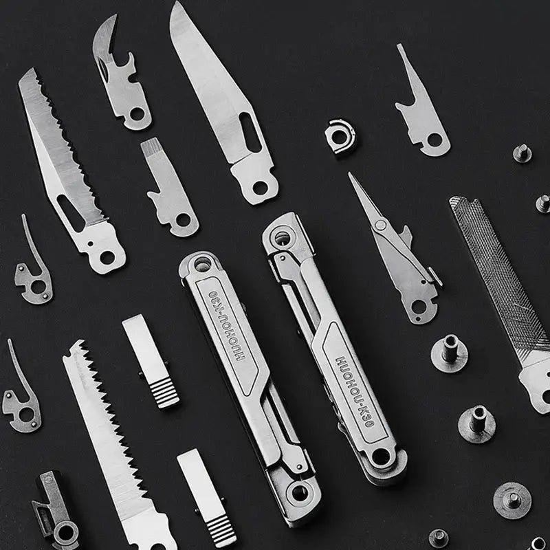 Precision 18-in-1 multitool folding knife with various stainless steel attachments on a dark background.