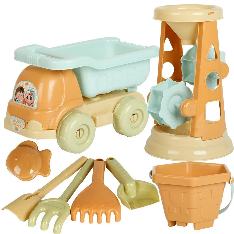 Children's beach toy set with truck, sand molds, rakes, and bucket for toddler summer fun and creativity.