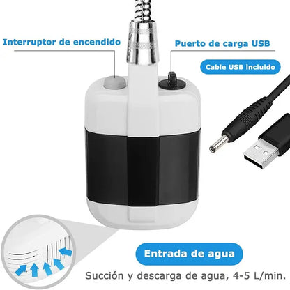 Portable outdoor shower pump with USB charging port and suction feature, shown with USB cable and water inlet details.