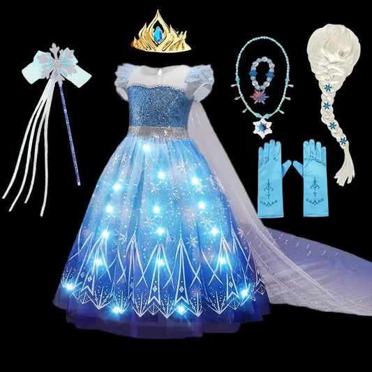 Disney Elsa costume for kids with dress, cape, crown, wand, gloves, necklace, and braided wig for magical adventures.