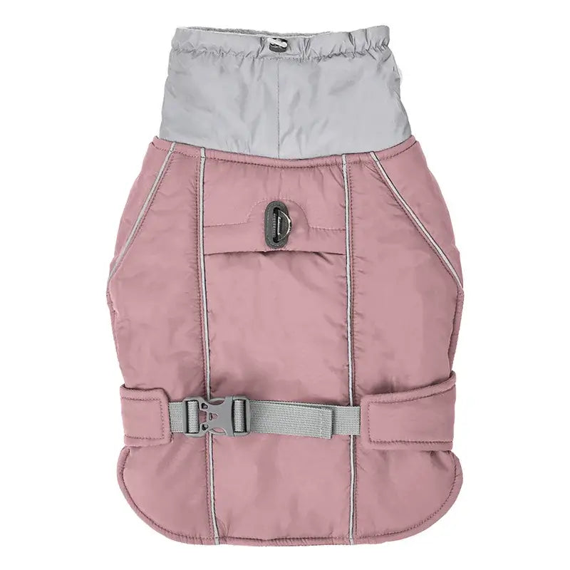 Pink dog winter jacket with reflective safety feature and adjustable strap for big and small dogs. Water-resistant and durable.