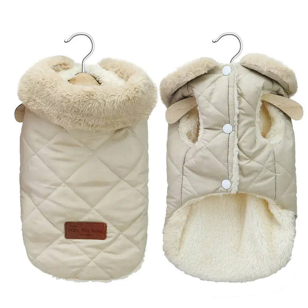 Beige quilted little dog coat with plush fur collar, front and back view, perfect for small breeds to keep warm and stylish during walks.