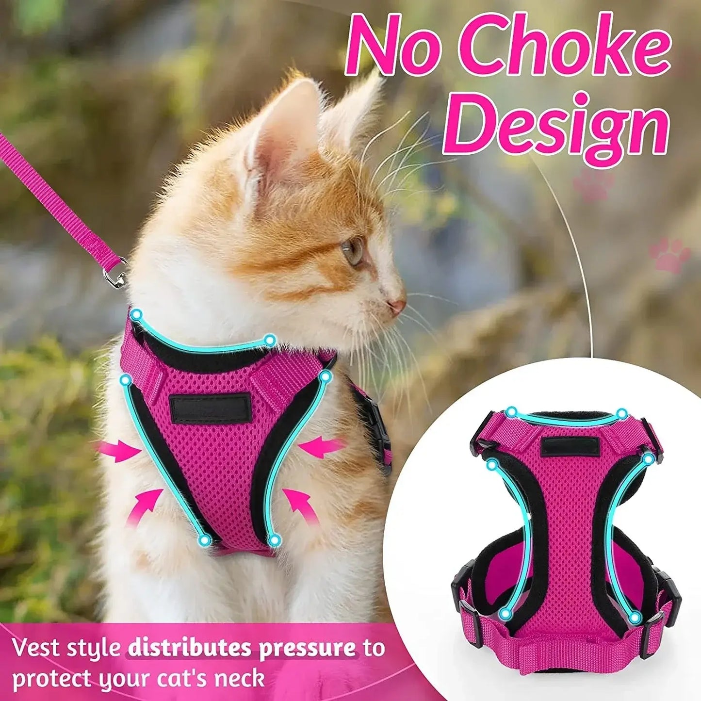 Cat wearing a pink no-choke harness with leash, featuring vest-style design for pressure distribution and neck protection.