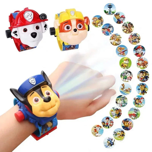 Paw Patrol 3D Projection Digital Watch with Marshall, Rubble, and Chase toy designs projecting character images for kids.