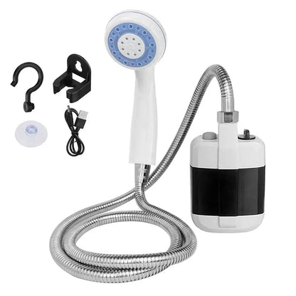 Portable outdoor shower with head, hose, hook, suction cup, and USB charging cable for camping and outdoor use.