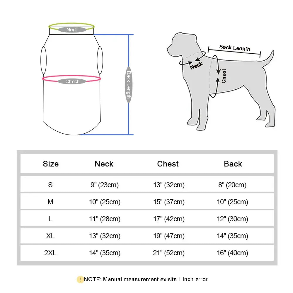 Dog size chart for Little Dog Coats showing measurements for neck, chest, and back in small, medium, large, XL, and 2XL sizes.