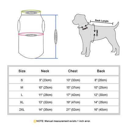 Dog size chart for Little Dog Coats showing measurements for neck, chest, and back in small, medium, large, XL, and 2XL sizes.