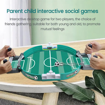 "Parent-child interactive table soccer game with green field, ideal for bonding and fun indoor play for all ages."