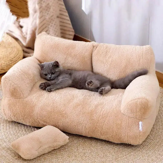 Cozy luxury cat bed sofa with plush fabric, featuring a gray cat relaxing comfortably on it.