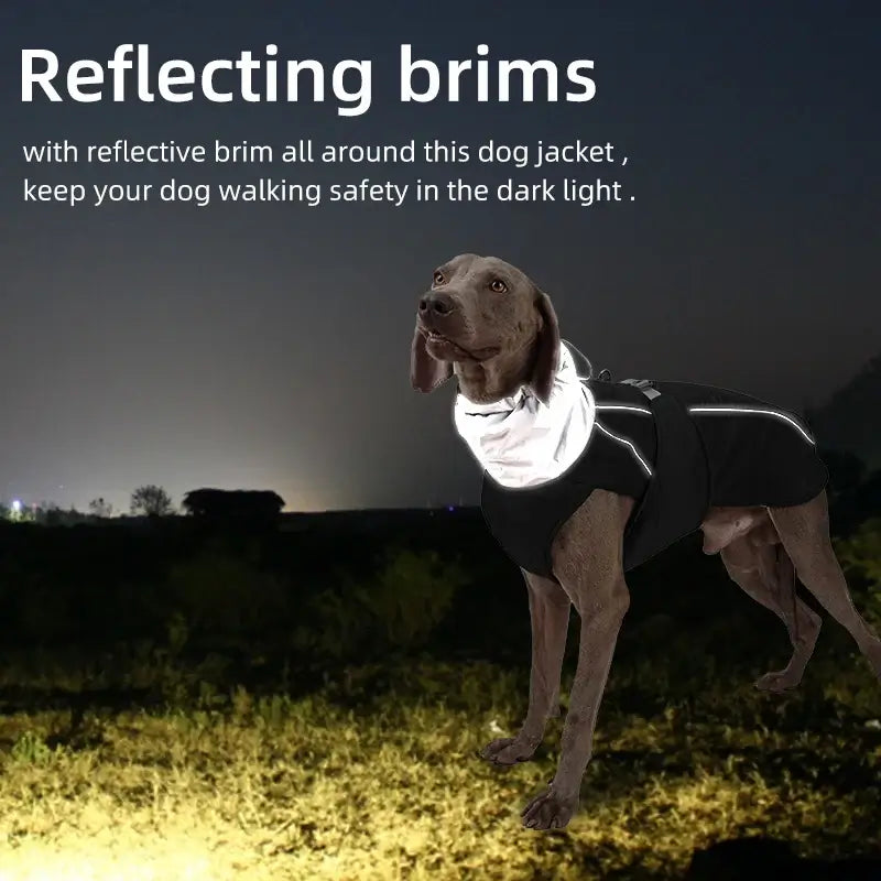 Dog wearing a reflective winter jacket at night for safety and style.